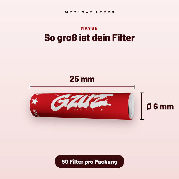 So groß ist dein Filter: Aktivkohlefilter im Design von GZUZ, 25 mm lang, Ø 6 mm, 50 Filter pro Packung
