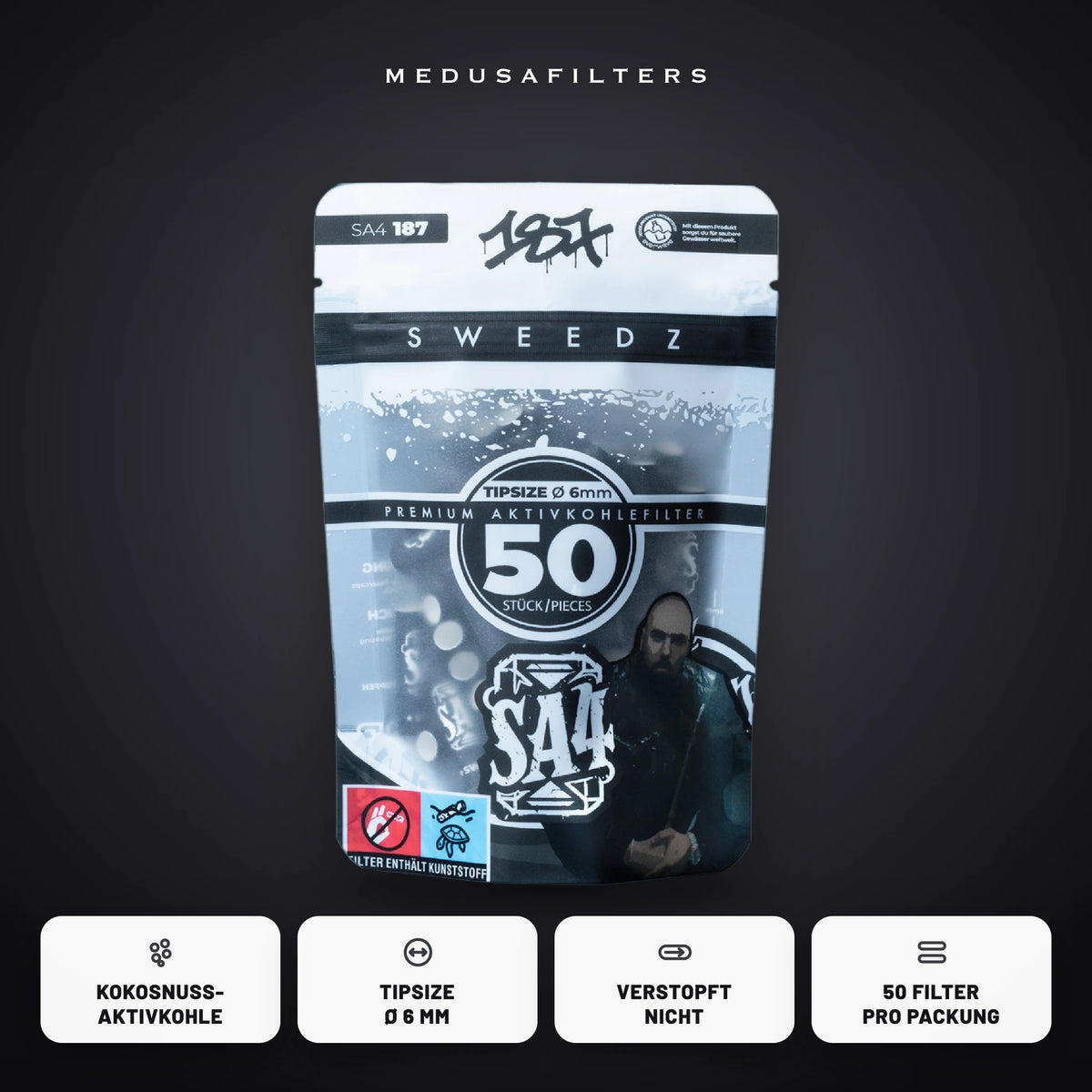 187 Straßenbande Edition SA4, 50er-Packung Aktivkohlefilter 6 mm mit Kokosnuss-Aktivkohle