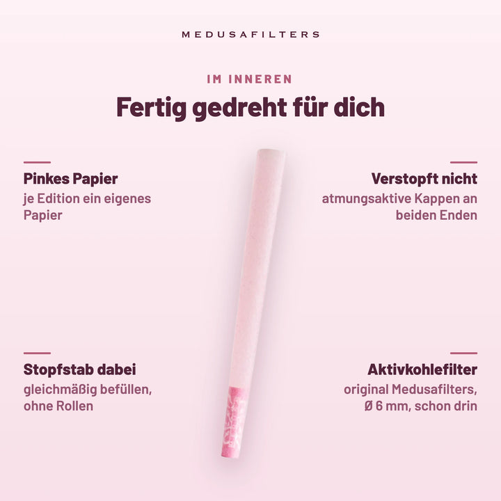 Fertig gedreht für dich: Pre-Rolled Cone ROSÉ mit pinkem Papier; Aktivkohlefilter Ø 6 mm schon drin; verstopft nicht dank atmungsaktiver Kappen an beiden Enden; Stopfstab dabei