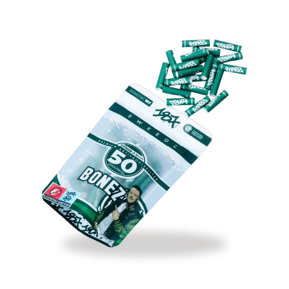 Geöffnete 50er-Packung BONEZ MC der 187 Straßenbande Edition mit herausfallenden Filtern