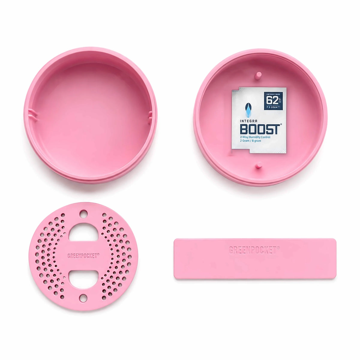 Alle Teile der Green Pocket Rosé: Dose, Deckel mit Feuchtigkeits-Pack, Sieb-Einsatz und Trennwand