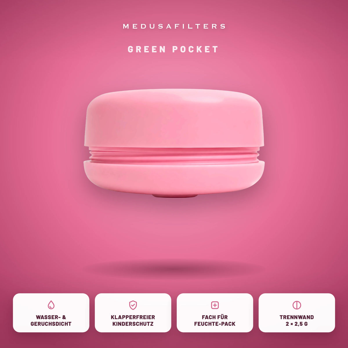 Green Pocket Rosé geschlossen auf farbigem Grund, darunter vier Merkmale der Dose