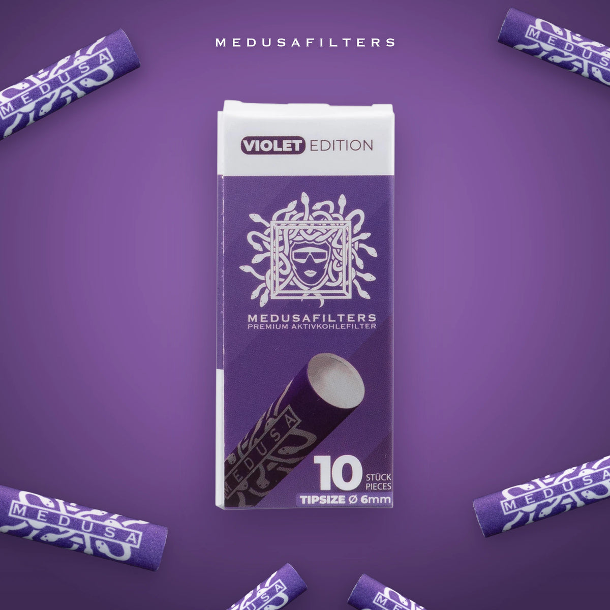10er-Schachtel VIOLET mit verstreuten Aktivkohlefiltern