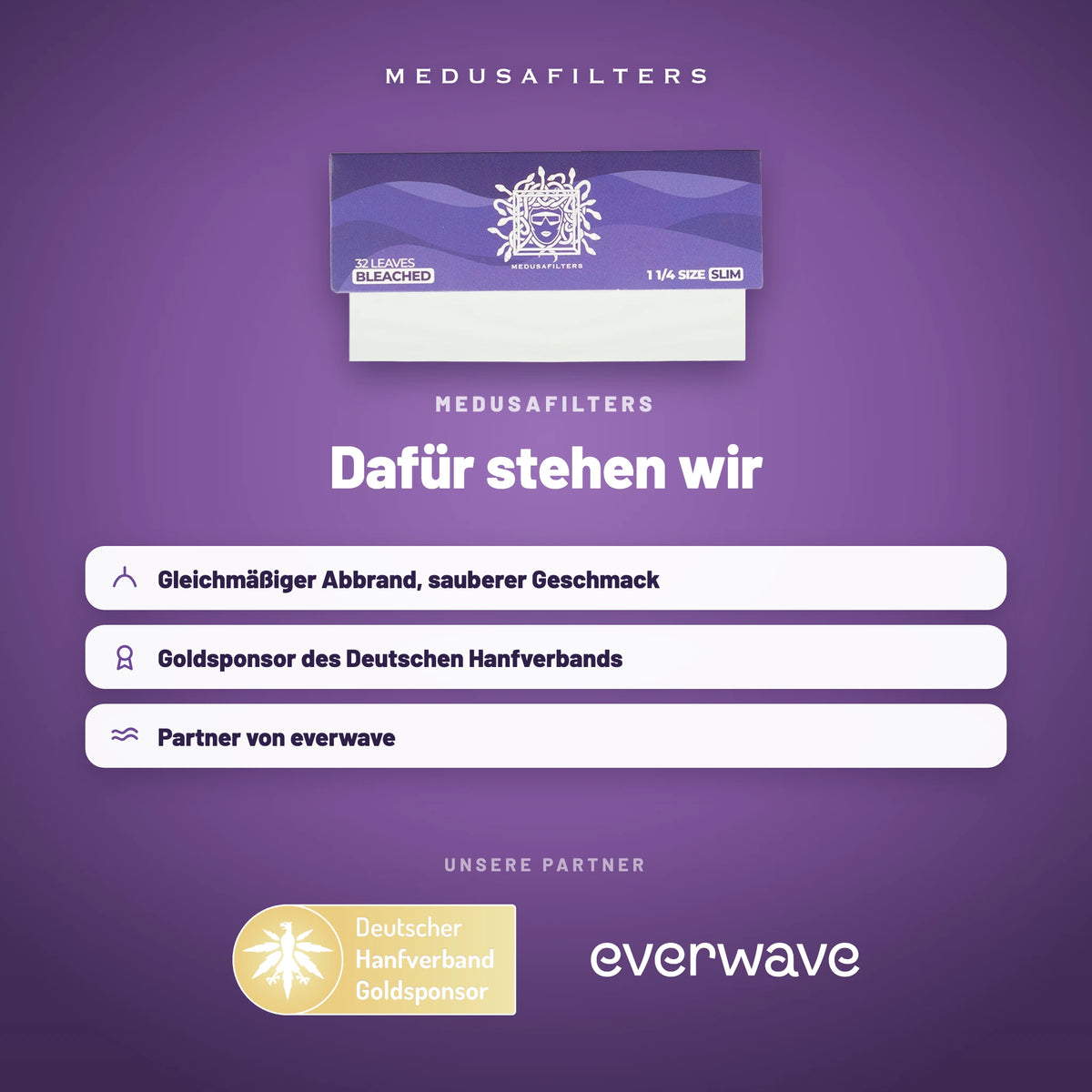 Markenseite „Dafür stehen wir“ zu den Medusafilters Shortpapers mit gebleichtem Papier und unseren Partnern
