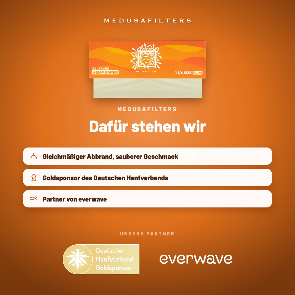 Markenseite „Dafür stehen wir“ zu den Medusafilters Shortpapers mit Hanfpapier und unseren Partnern