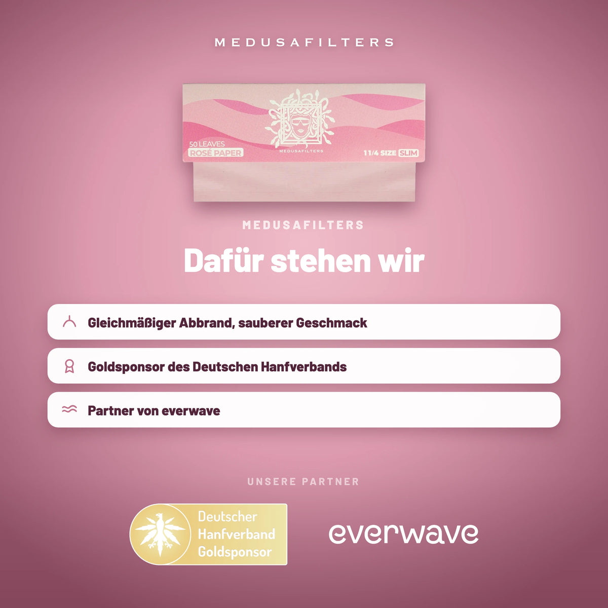 Markenseite „Dafür stehen wir“ zu den Medusafilters Shortpapers mit Rosé-Papier und unseren Partnern
