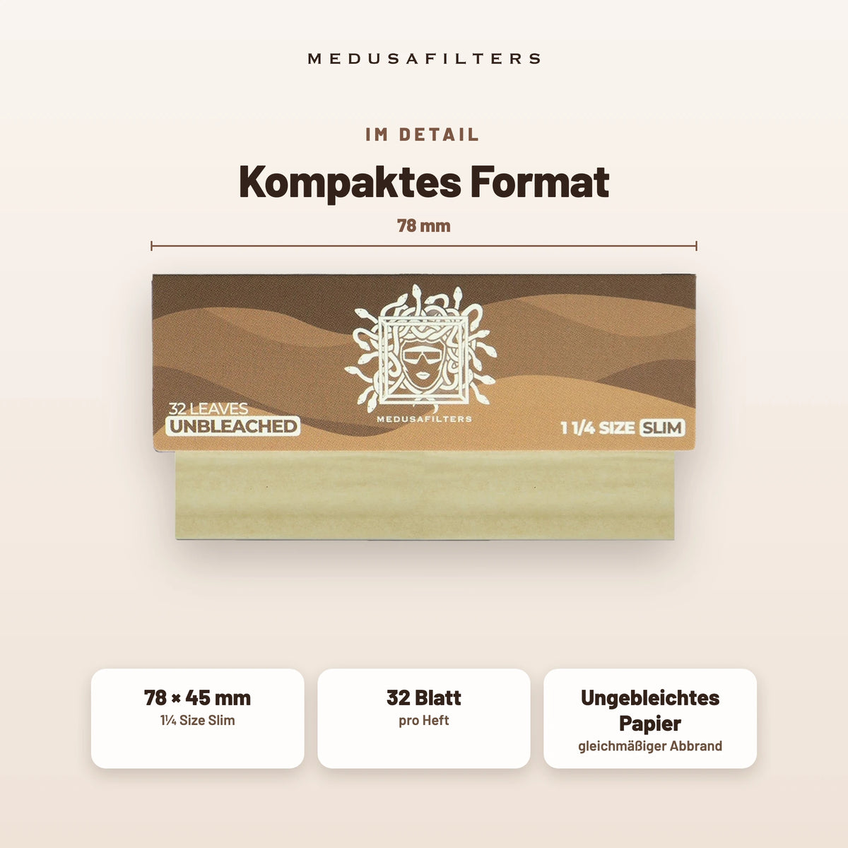 Im Detail: Shortpapers im kompakten Format 78 × 45 mm, ungebleichtes Papier, 32 Blatt pro Heft