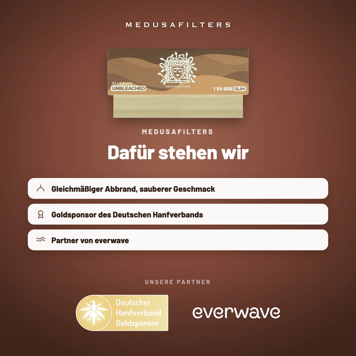 Markenseite „Dafür stehen wir“ zu den Medusafilters Shortpapers mit ungebleichtem Papier und unseren Partnern