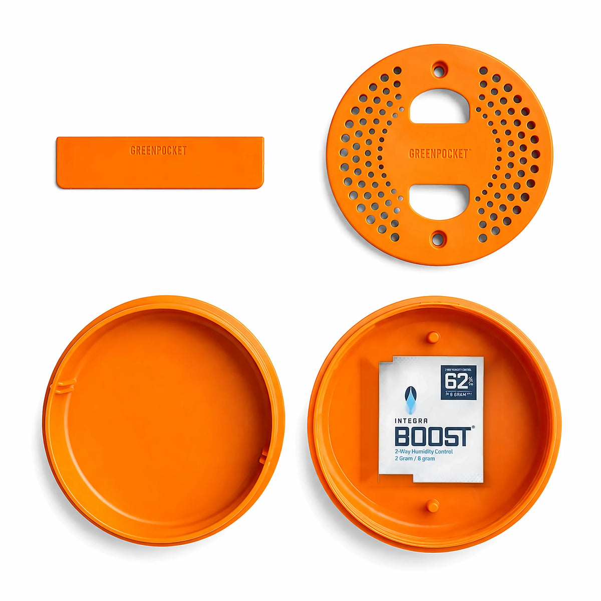Alle Teile der Green Pocket Sunset: Dose, Deckel mit Feuchtigkeits-Pack, Sieb-Einsatz und Trennwand