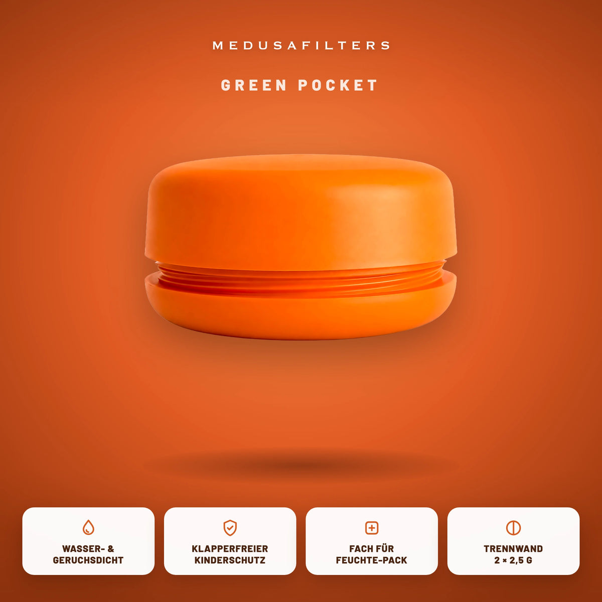 Green Pocket Sunset geschlossen auf farbigem Grund, darunter vier Merkmale der Dose