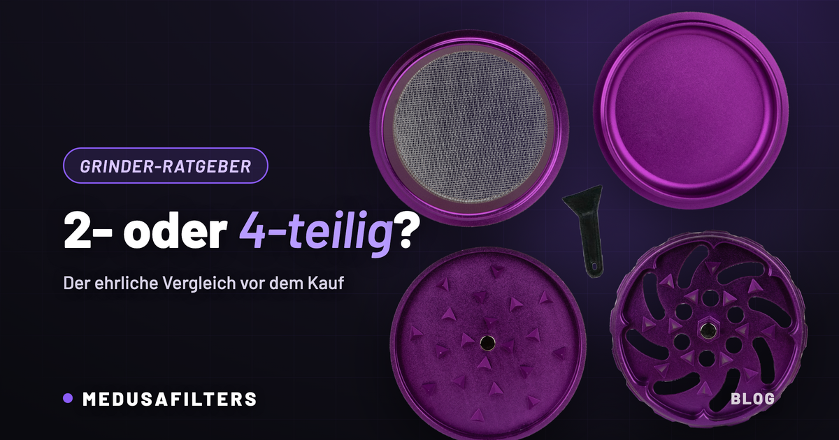 Vier Teile eines 4-teiligen Spike Grinders in Violet – Vergleich 2-teiliger oder 4-teiliger Grinder