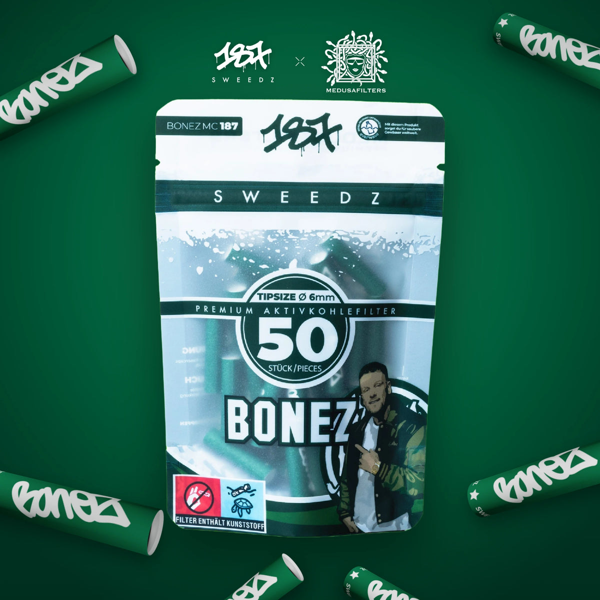 50er-Packung BONEZ MC der 187 Straßenbande Edition mit verstreuten Aktivkohlefiltern