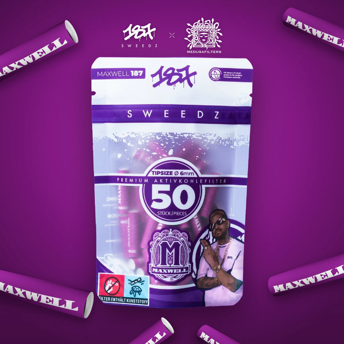 50er-Packung MAXWELL der 187 Straßenbande Edition mit verstreuten Aktivkohlefiltern