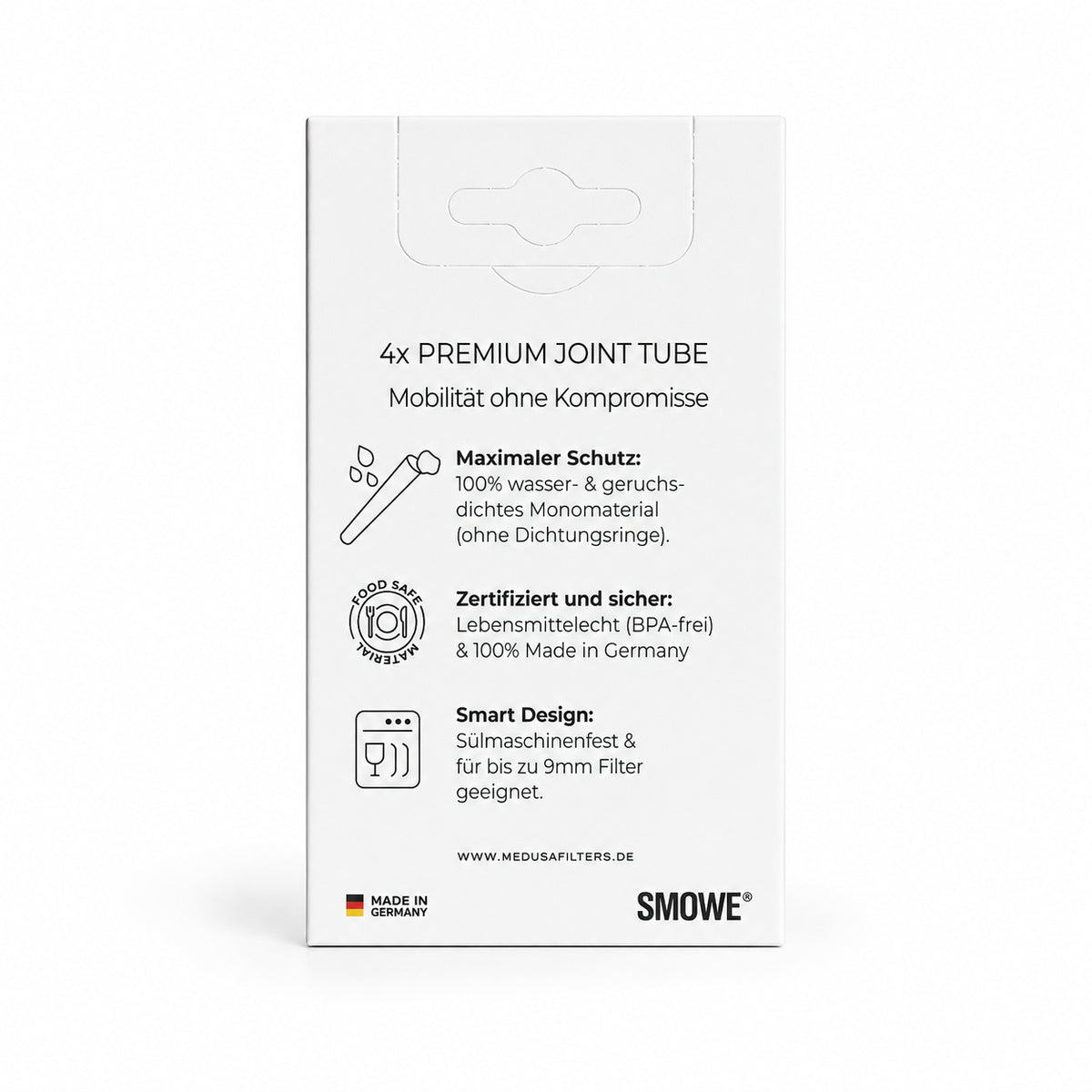 Medusafilters Joint Tube 4er-Set, Packungsrückseite mit Produktangaben