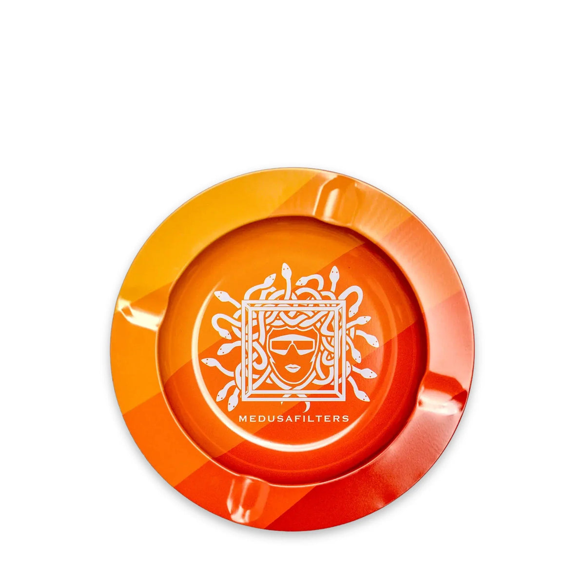 Medusafilters Aschenbecher SUNSET: runde Metallschale mit Medusa-Logo und Ablagen am Rand, Ø 138 mm