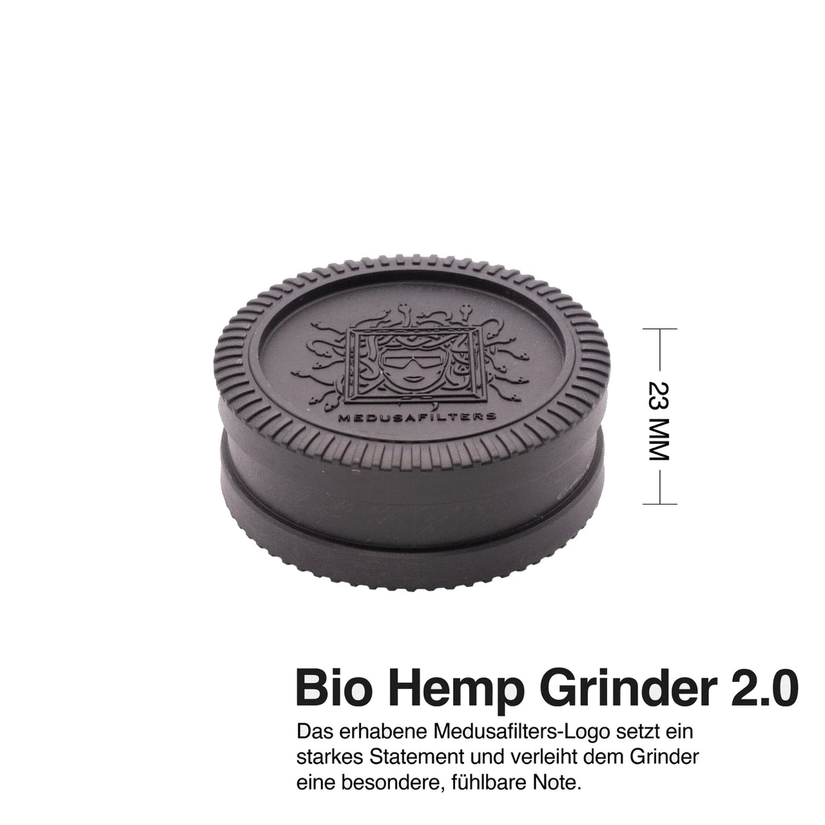 Seitenansicht des Medusafilters Grinders BLACK mit Medusa-Logo auf dem Deckel, 23 mm hoch