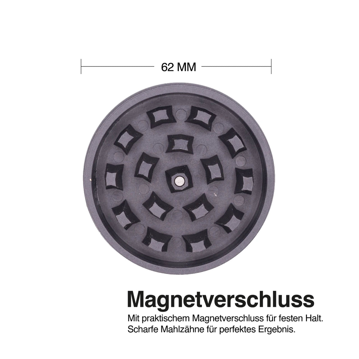 Draufsicht auf die Zähne des Medusafilters Grinders BLACK mit Magnet in der Mitte, 62 mm Durchmesser