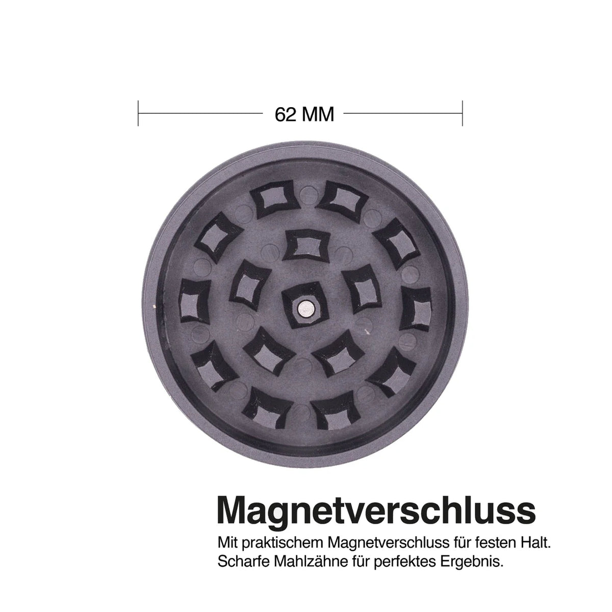Draufsicht auf die Zähne des Medusafilters Grinders BLACK mit Magnet in der Mitte, 62 mm Durchmesser