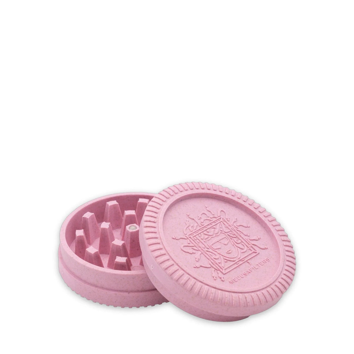 Medusafilters Grinder ROSÉ, 62 mm, geöffnet: Deckel und Mahlkammer mit Zähnen