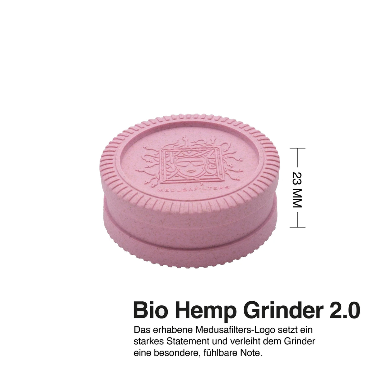 Seitenansicht des Medusafilters Grinders ROSÉ mit Medusa-Logo auf dem Deckel, 23 mm hoch