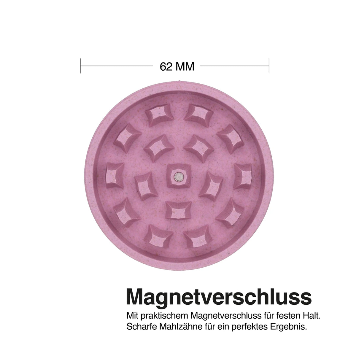 Draufsicht auf die Zähne des Medusafilters Grinders ROSÉ mit Magnet in der Mitte, 62 mm Durchmesser