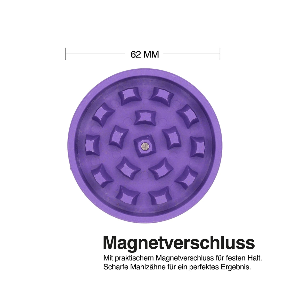 Draufsicht auf die Zähne des Medusafilters Grinders VIOLET mit Magnet in der Mitte, 62 mm Durchmesser