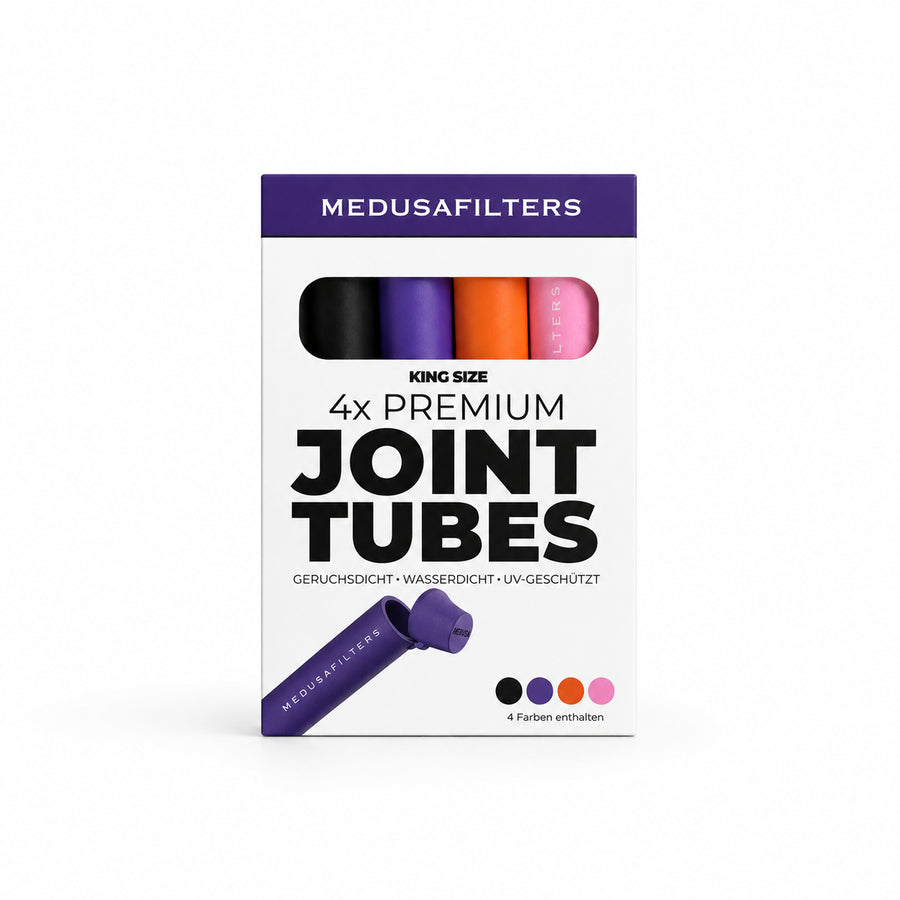 Medusafilters Joint Tube 4er-Set, Packung vorne: je eine Tube in ORGANIC (Schwarz), VIOLET, SUNSET und ROSÉ, King Size