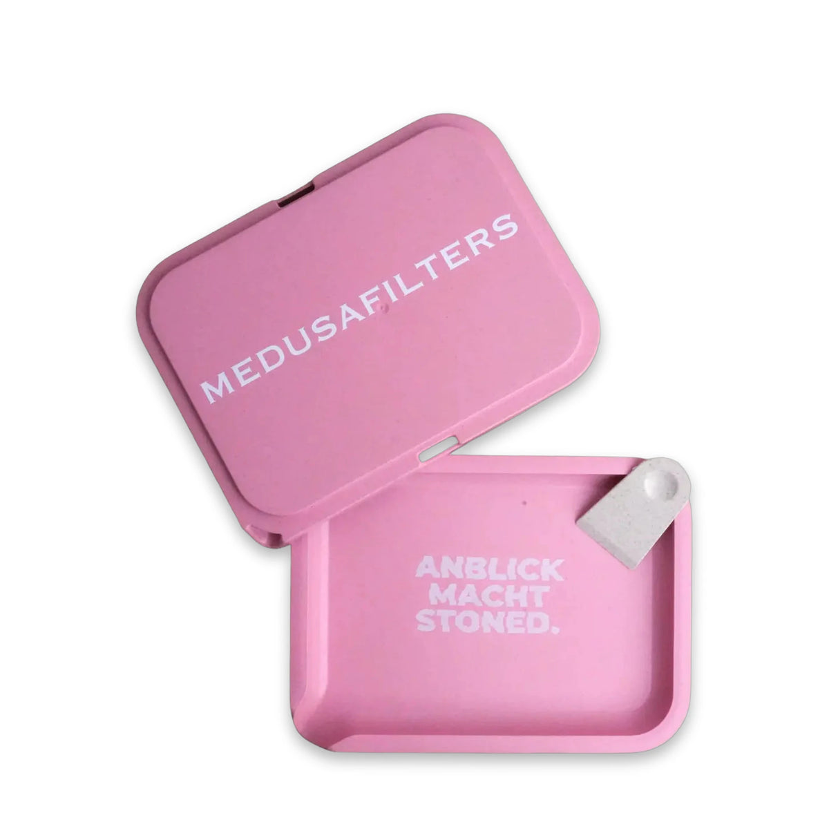 Medusafilters Hemp Tray ROSÉ, offen, daneben der Deckel mit Schriftzug MEDUSAFILTERS