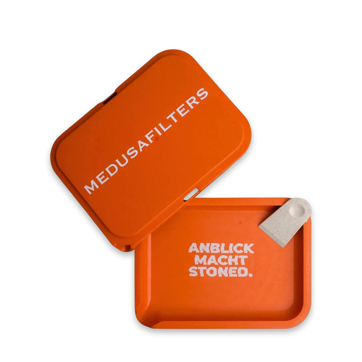 Medusafilters Hemp Tray SUNSET, offen, daneben der Deckel mit Schriftzug MEDUSAFILTERS