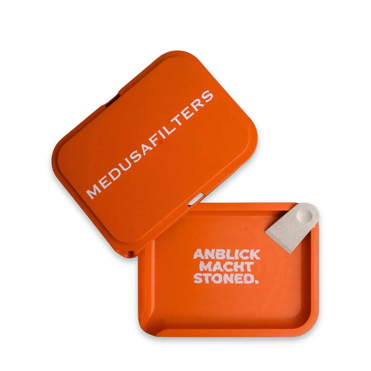Medusafilters Hemp Tray SUNSET, offen, daneben der Deckel mit Schriftzug MEDUSAFILTERS