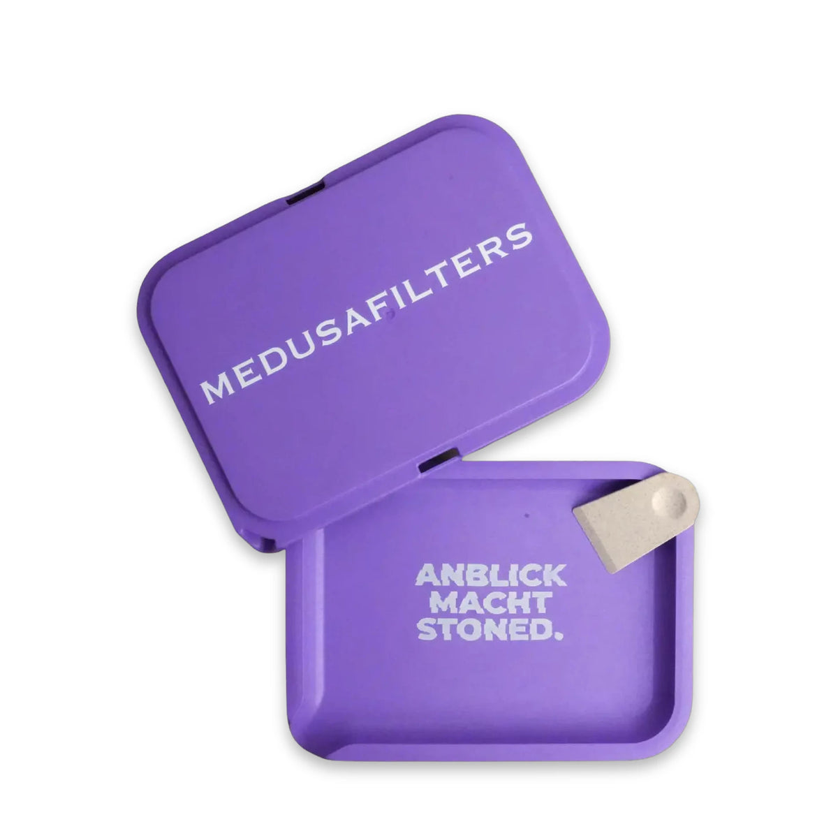 Medusafilters Hemp Tray VIOLET, offen, daneben der Deckel mit Schriftzug MEDUSAFILTERS