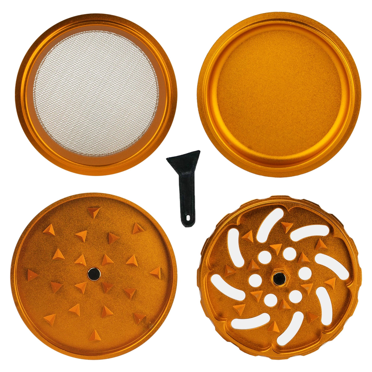 Einzelteile des Spike Grinders SUNSET: Deckel, Mahlkammer, Siebkammer, Auffangfach und Schaber