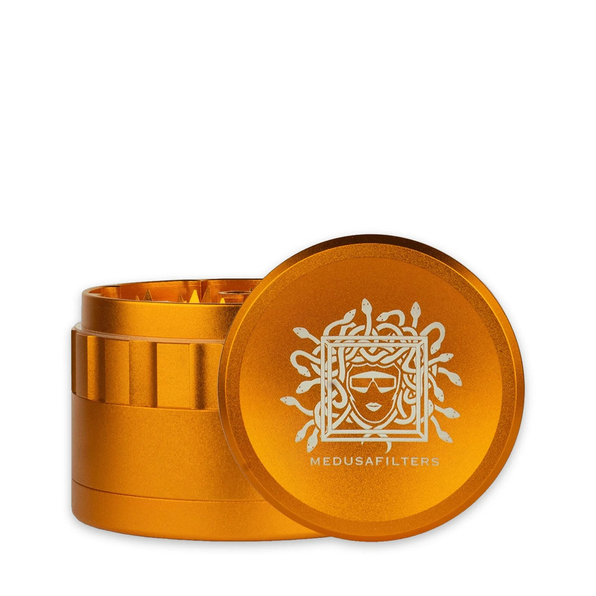 Medusafilters Spike Grinder SUNSET aus eloxiertem Aluminium, Deckel mit Medusa-Logo