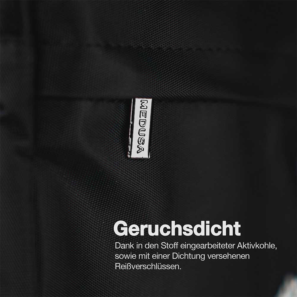 Infografik zur Umhängetasche: geruchsdicht durch Aktivkohle im Stoff und Reißverschlüsse mit Dichtung