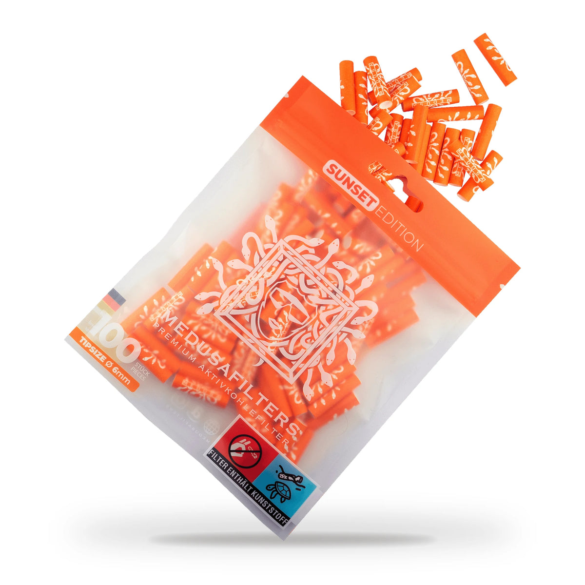 Medusafilters Aktivkohlefilter 6 mm SUNSET Edition, 100er-Packung mit herausfallenden Filtern