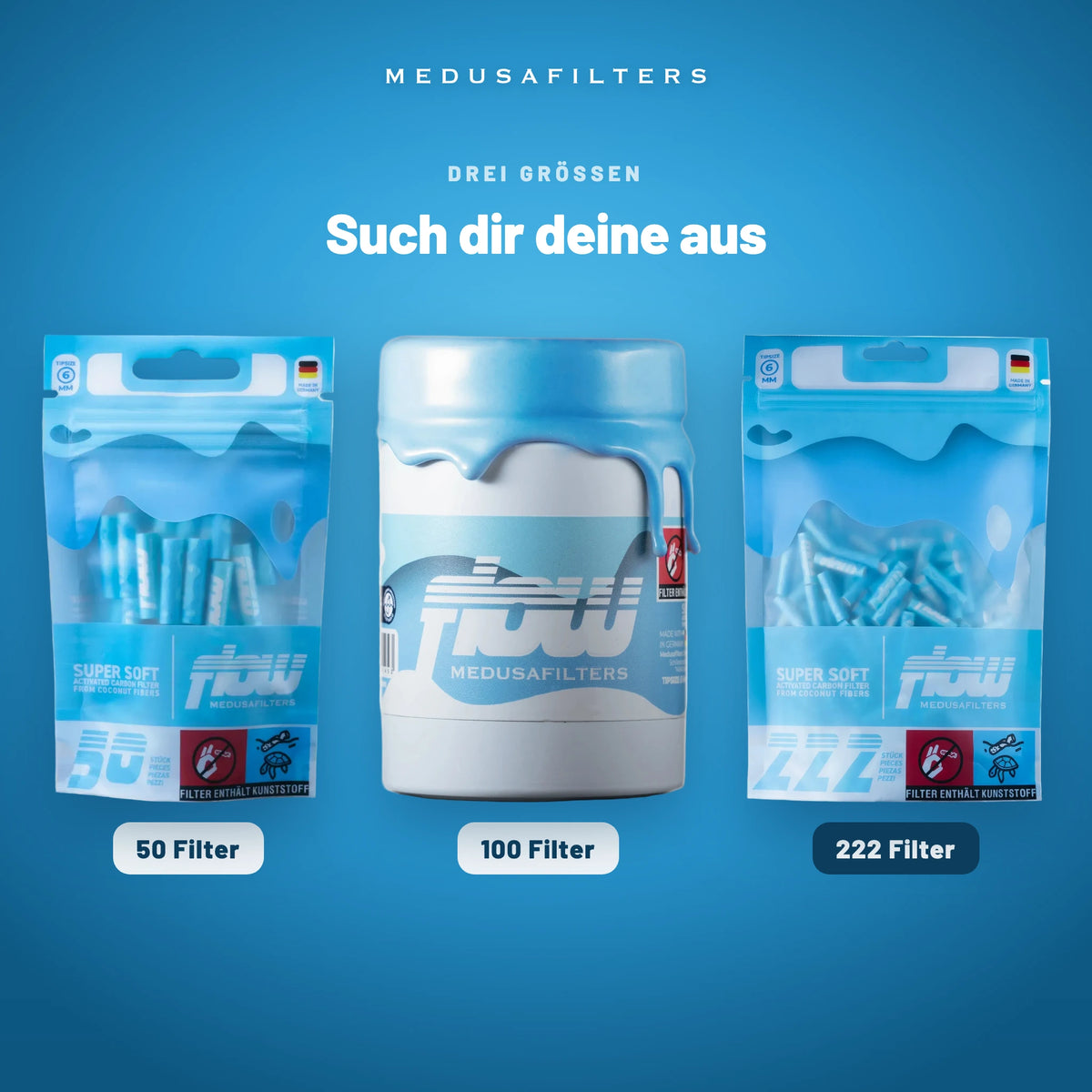 Die drei FLOW Packungsgrößen 50, 100 und 222 Filter, hervorgehoben: 222 Filter