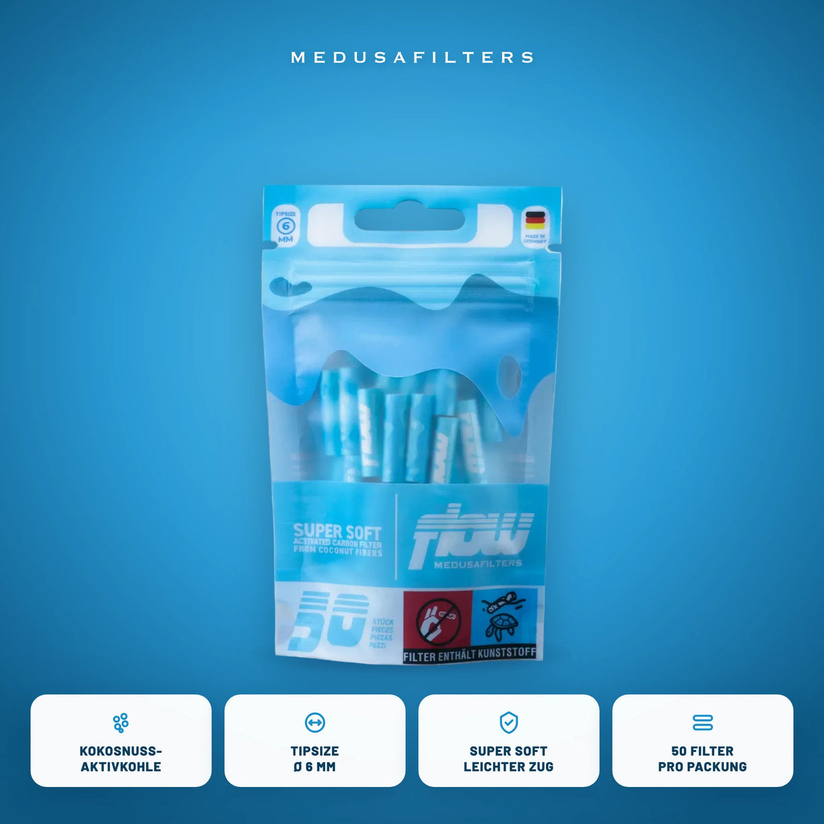 FLOW Aktivkohlefilter 6 mm, 50er-Packung, Kokosnuss-Aktivkohle, Tipsize 6 mm, leichter Zug