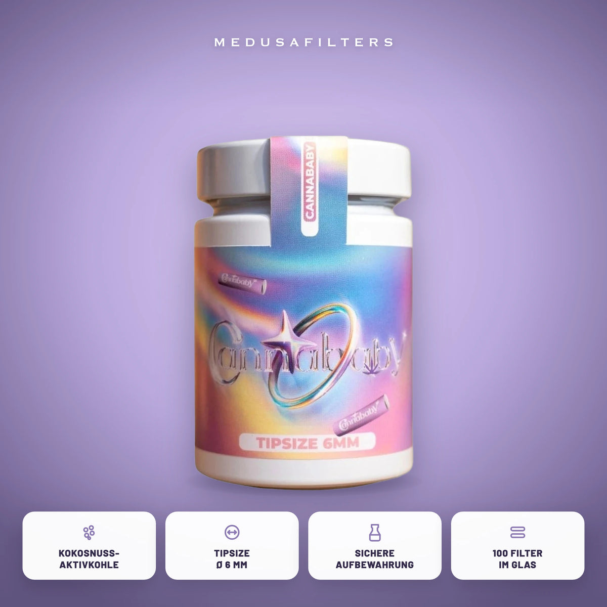 Medusafilters Aktivkohlefilter 6 mm im Glas, 100 Filter CANNABABY, Kokosnuss-Aktivkohle, Tipsize 6 mm