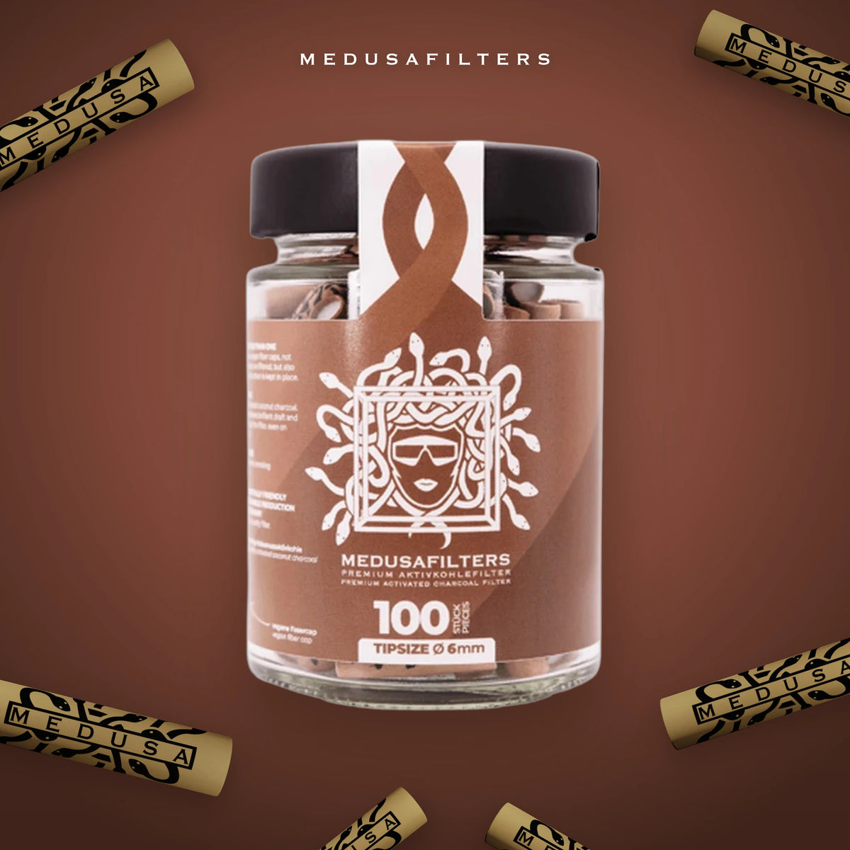 100er-Glas ORGANIC mit verstreuten Medusafilters Aktivkohlefiltern