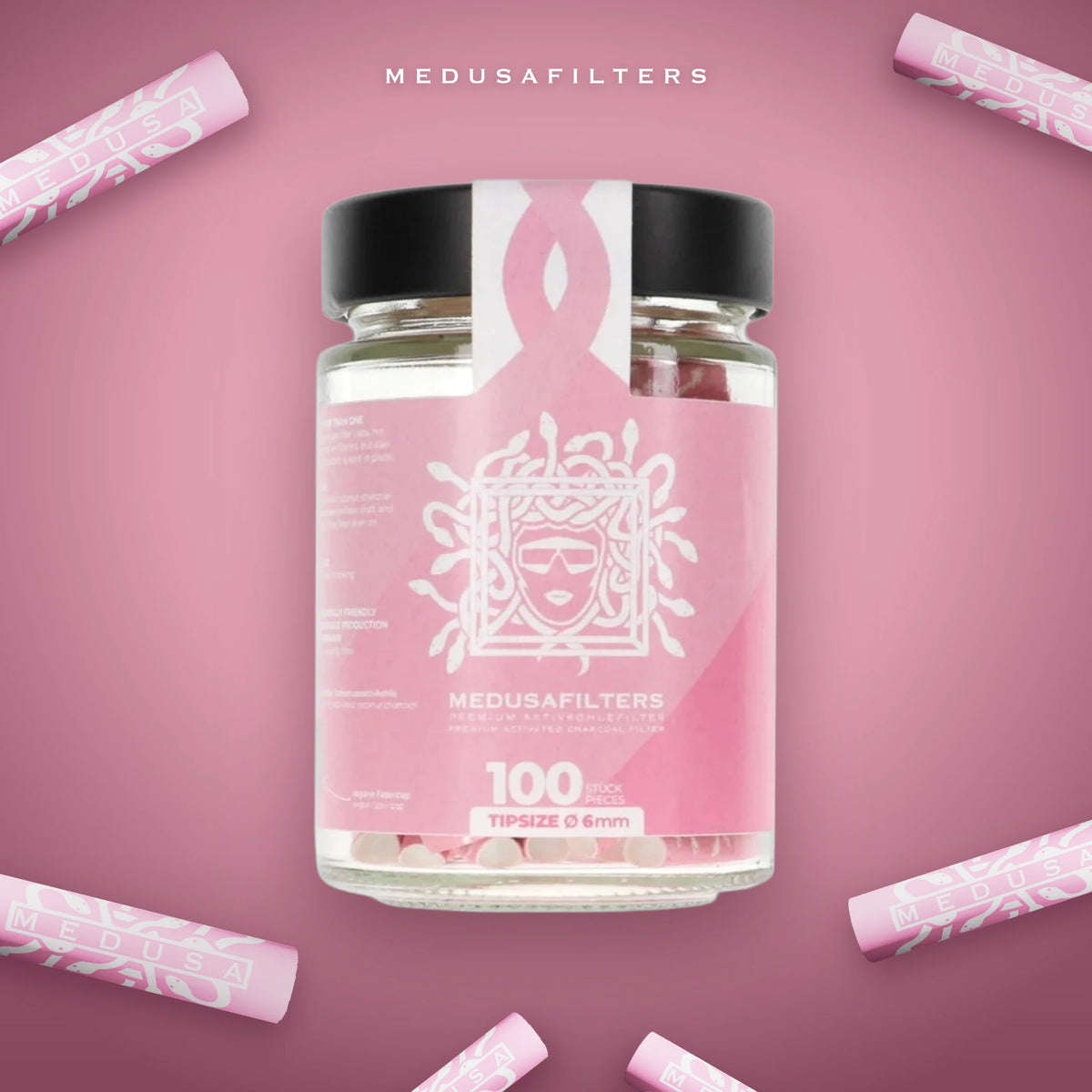 100er-Glas ROSÉ mit verstreuten Medusafilters Aktivkohlefiltern