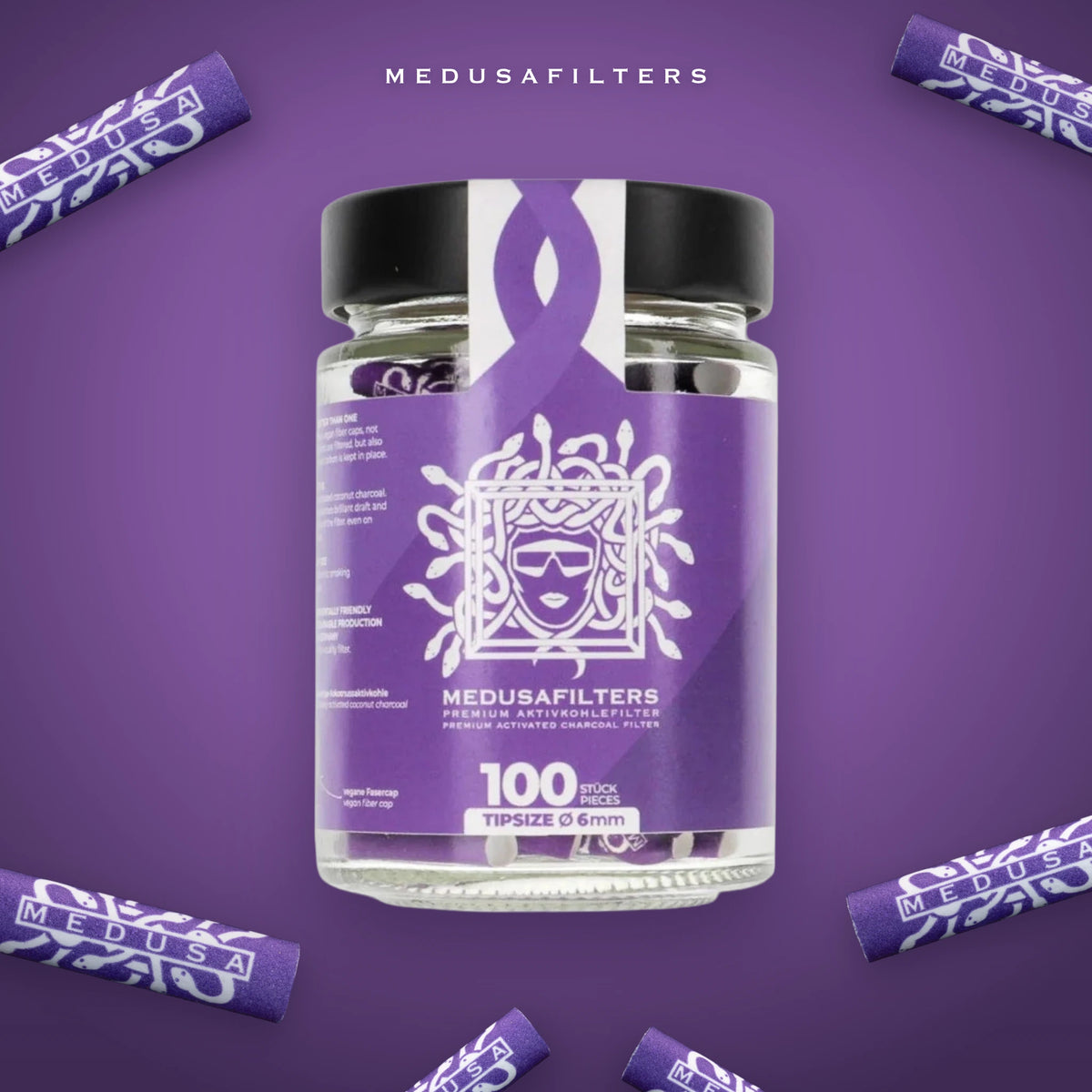 100er-Glas VIOLET mit verstreuten Medusafilters Aktivkohlefiltern