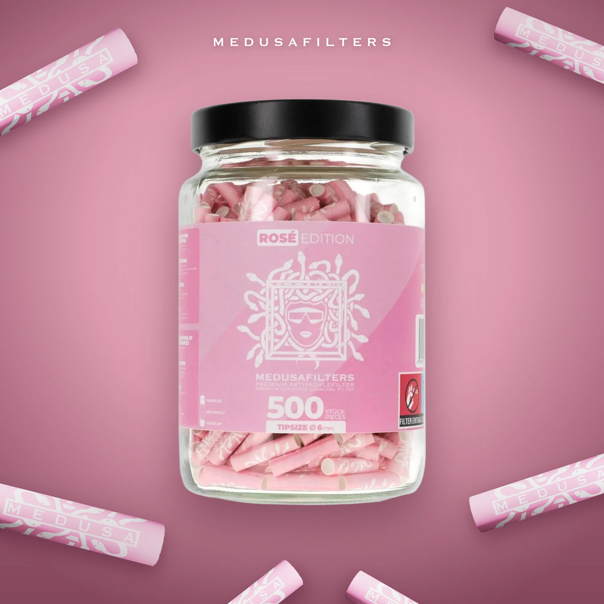 500er-Glas ROSÉ mit verstreuten Medusafilters Aktivkohlefiltern