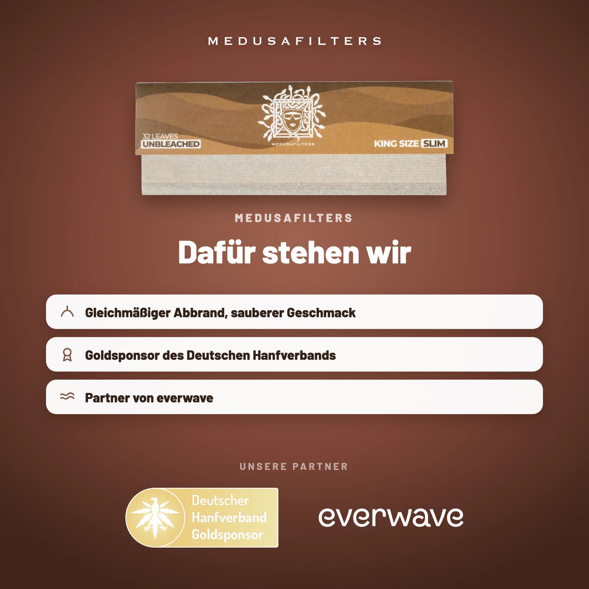 Markenseite „Dafür stehen wir“ zu den Medusafilters Longpapers ORGANIC mit unseren Partnern