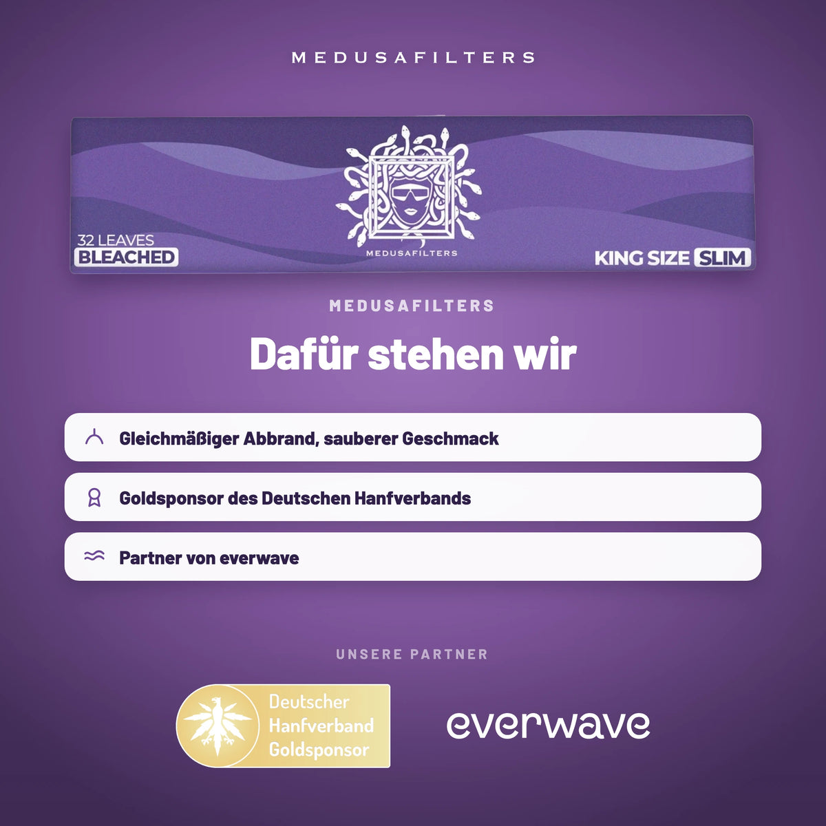 Markenseite „Dafür stehen wir“ zu den Medusafilters Longpapers VIOLET mit unseren Partnern