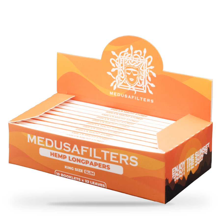 Medusafilters Longpapers King Size Slim SUNSET, 10er-Display mit 10 Heften, Hanfpapier, 32 Blatt pro Heft