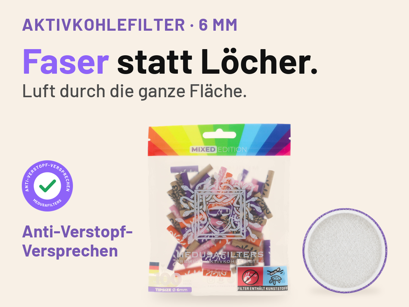 Medusafilters Aktivkohlefilter 6 mm: 100er-Beutel MIXED Edition neben einer Faserkappe in Draufsicht. Text: Faser statt Löcher. Luft durch die ganze Fläche. Siegel mit Häkchen: Anti-Verstopf-Versprechen