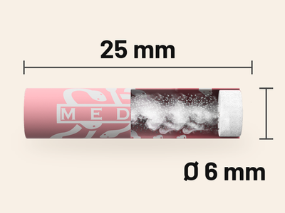 Aufgeschnittener ROSÉ Aktivkohlefilter mit Kokosnuss-Aktivkohle und Faserkappe, 25 mm lang, Ø 6 mm