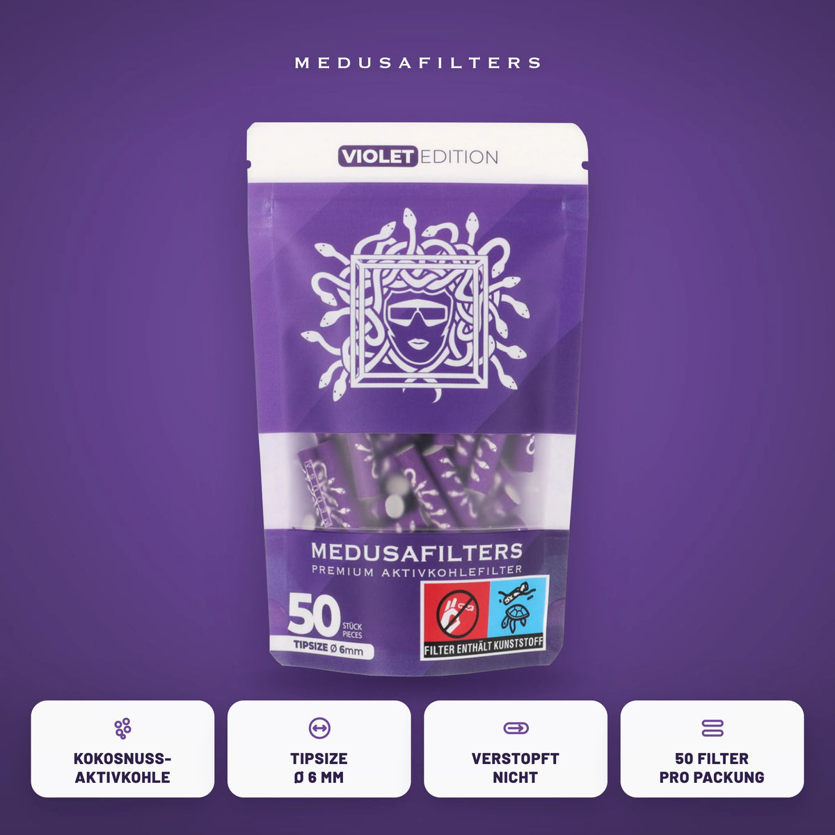 Medusafilters Aktivkohlefilter 6 mm VIOLET Edition, 50er-Packung, Kokosnuss-Aktivkohle, Tipsize 6 mm
