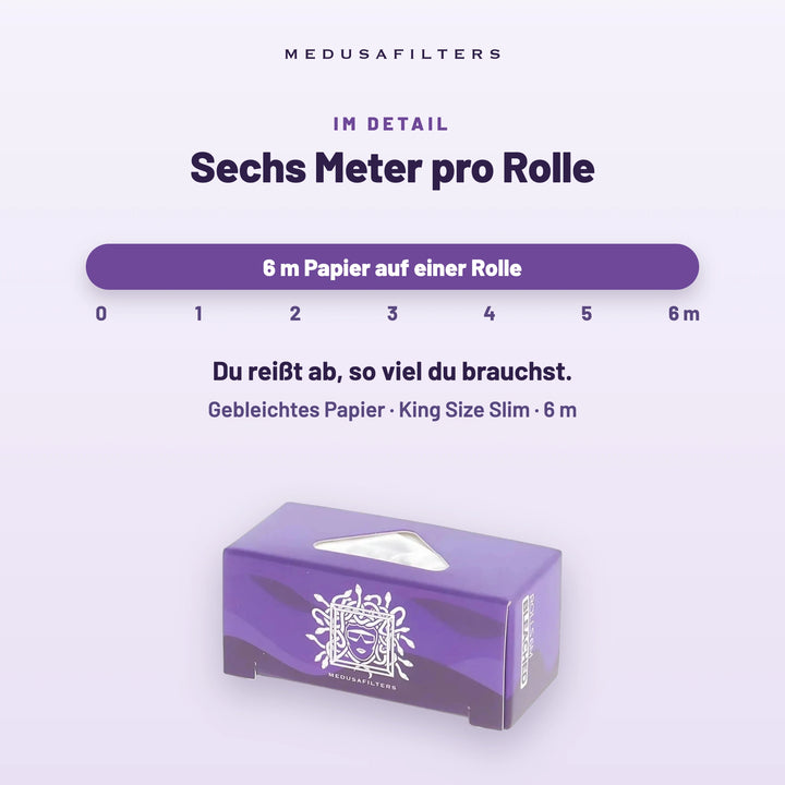 Sechs Meter pro Rolle: Maßband von 0 bis 6 m über der Endless-Rolls-Box VIOLET. Du reißt ab, so viel du brauchst. Gebleichtes Papier, King Size Slim, 6 m