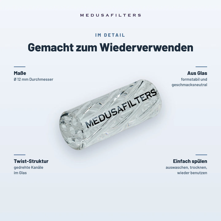 Gemacht zum Wiederverwenden: Twisted Glasfilter TRANSPARENT, Ø 12 mm. Aus Glas, formstabil und geschmacksneutral; Twist-Struktur mit gedrehten Kanälen; einfach spülen, trocknen, wieder benutzen